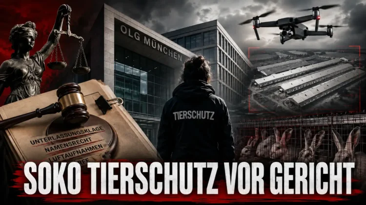 Soko Tierschutz OLG München: Titelbild mit Gericht, Drohne, Kaninchenanlage und Symbolen für den Rechtsstreit.