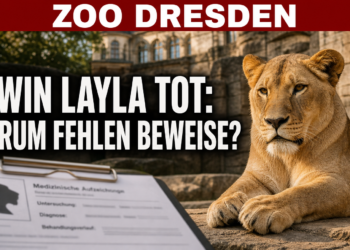 Zoo Dresden Löwin Layla: Die Löwin Layla im Zoo Dresden ruht in ihrem Gehege, während im Vordergrund Dokumente auf die ungeklärte medizinische Aktenlage hinweisen.
