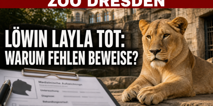 Zoo Dresden erlöst Löwin Layla nach diagnostizierter Nierenerkrankung 11 Zoo Dresden Löwin Layla: Die Löwin Layla im Zoo Dresden ruht in ihrem Gehege, während im Vordergrund Dokumente auf die ungeklärte medizinische Aktenlage hinweisen.