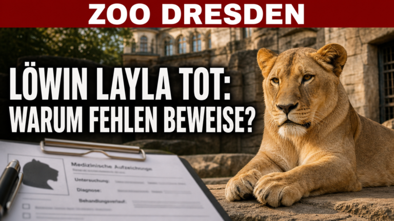 Zoo Dresden Löwin Layla: Die Löwin Layla im Zoo Dresden ruht in ihrem Gehege, während im Vordergrund Dokumente auf die ungeklärte medizinische Aktenlage hinweisen.