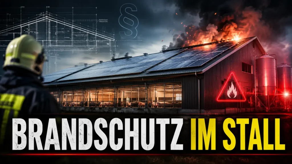 Brandschutz in Tierhaltungsanlagen: Feuerwehrmann blickt auf einen Stall mit Solardach, Rauch, Feuer und Warnsymbol.