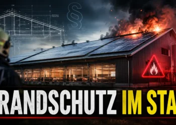 Brandschutz in Tierhaltungsanlagen: Warum unklare Bauvorgaben Stallbrände begünstigen 15 Brandschutz in Tierhaltungsanlagen: Feuerwehrmann blickt auf einen Stall mit Solardach, Rauch, Feuer und Warnsymbol.