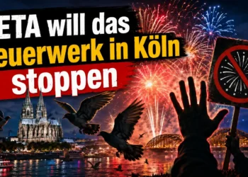 PETA Feuerwerksverbot bei den Kölner Lichtern – Forderung ohne konkreten Schadensnachweis? 13 PETA Feuerwerksverbot Kölner Lichter: Feuerwerk über dem Kölner Dom, aufgeschreckte Vögel und Protestsymbol gegen Pyrotechnik.