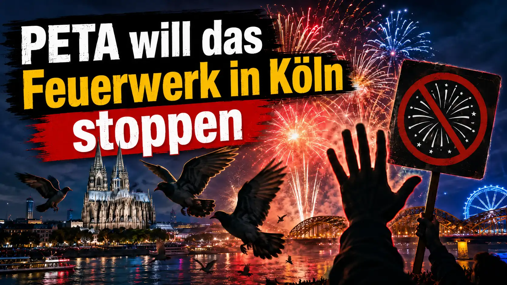 PETA Feuerwerksverbot Kölner Lichter: Feuerwerk über dem Kölner Dom, aufgeschreckte Vögel und Protestsymbol gegen Pyrotechnik.