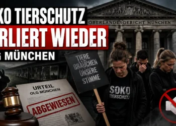 SOKO Tierschutz OLG Niederlage: Erneut vor Gericht gescheitert – und plötzlich herrscht Schweigen 14 SOKO Tierschutz OLG Niederlage vor dem Oberlandesgericht München mit Gericht, Urteil, Aktivisten und Kaninchenanlage.