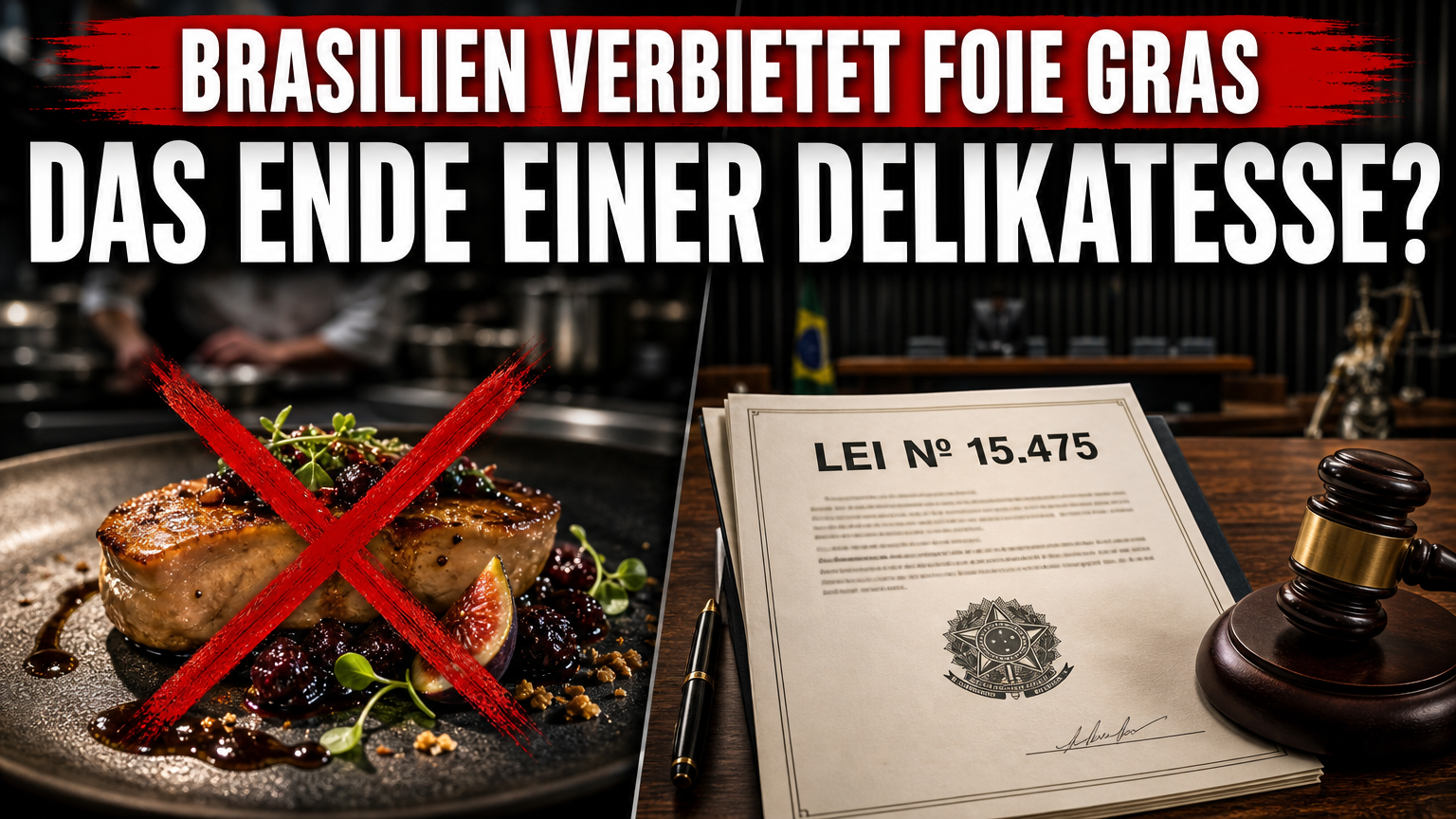 Ein offizielles Dokument zum Foie gras Verbot Brasilien liegt neben einem Gourmet-Gericht mit einem roten X-Symbol.
