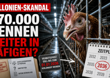 Käfigverbot Legehennen Wallonien: Eine Legehenne in einem industriellen Käfigsystem in Wallonien, wo das Käfigverbot für Legehennen zur Debatte steht.