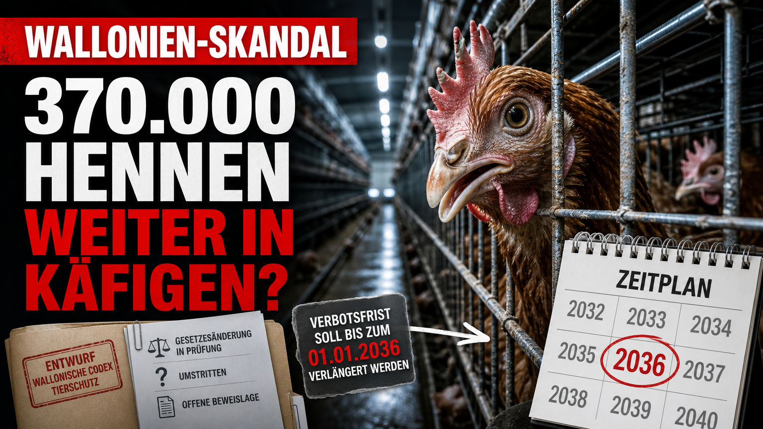 Wallonien plant spätere Frist für Käfigverbot für Legehennen — GAIA kritisiert Vorstoß 1 Käfigverbot Legehennen Wallonien: Eine Legehenne in einem industriellen Käfigsystem in Wallonien, wo das Käfigverbot für Legehennen zur Debatte steht.