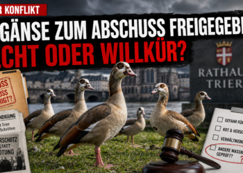Nilgänse Trier auf einer Grünfläche vor einem städtischen Gebäude im Kontext der behördlichen Abschussdebatte.