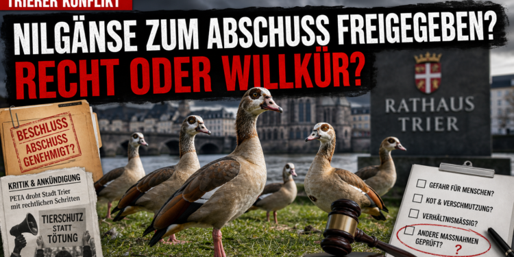 Nilgänse Trier auf einer Grünfläche vor einem städtischen Gebäude im Kontext der behördlichen Abschussdebatte.