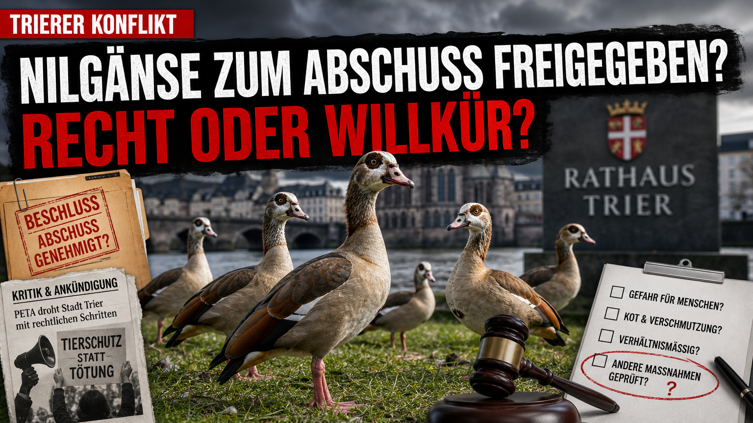 Nilgänse Trier auf einer Grünfläche vor einem städtischen Gebäude im Kontext der behördlichen Abschussdebatte.