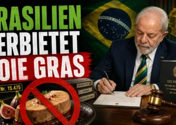 Brasilien verbietet Foie gras: Präsident Lula unterzeichnet das neue Gesetz Nr. 15.475, während ein Verbotssymbol über Foie gras den Verkaufsstopp verdeutlicht.