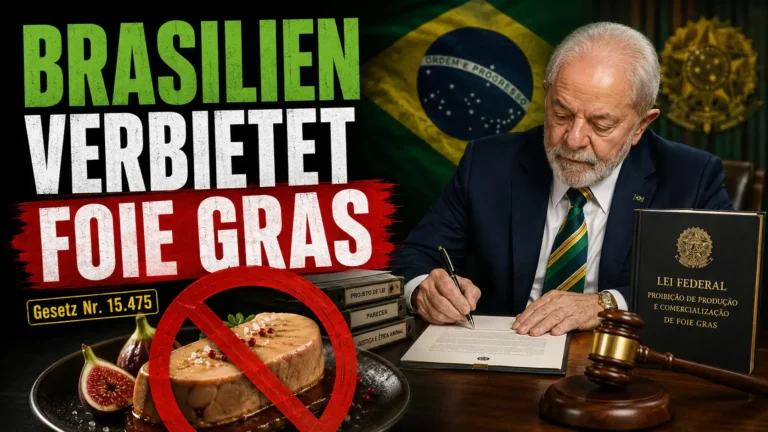 Brasilien verbietet Foie gras: Präsident Lula unterzeichnet das neue Gesetz Nr. 15.475, während ein Verbotssymbol über Foie gras den Verkaufsstopp verdeutlicht.