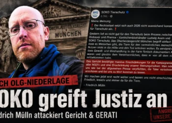 Titelbild zu SOKO Tierschutz OLG München: Friedrich Mülln vor Justizkulisse neben einem Screenshot seines Facebook-Beitrags nach der Niederlage vor dem Oberlandesgericht München.