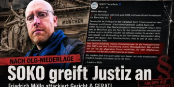 Titelbild zu SOKO Tierschutz OLG München: Friedrich Mülln vor Justizkulisse neben einem Screenshot seines Facebook-Beitrags nach der Niederlage vor dem Oberlandesgericht München.