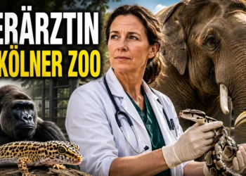 Tierärztin im Kölner Zoo untersucht eine Schlange, während Elefant, Gorilla, Gecko und Vogel die Vielfalt der betreuten Tierarten zeigen.