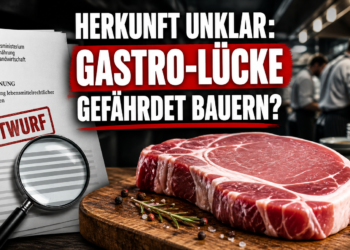 Ein rohes Schweinesteak auf einem Holzbrett neben offiziellen Dokumenten zur Herkunftskennzeichnung Gastronomie.