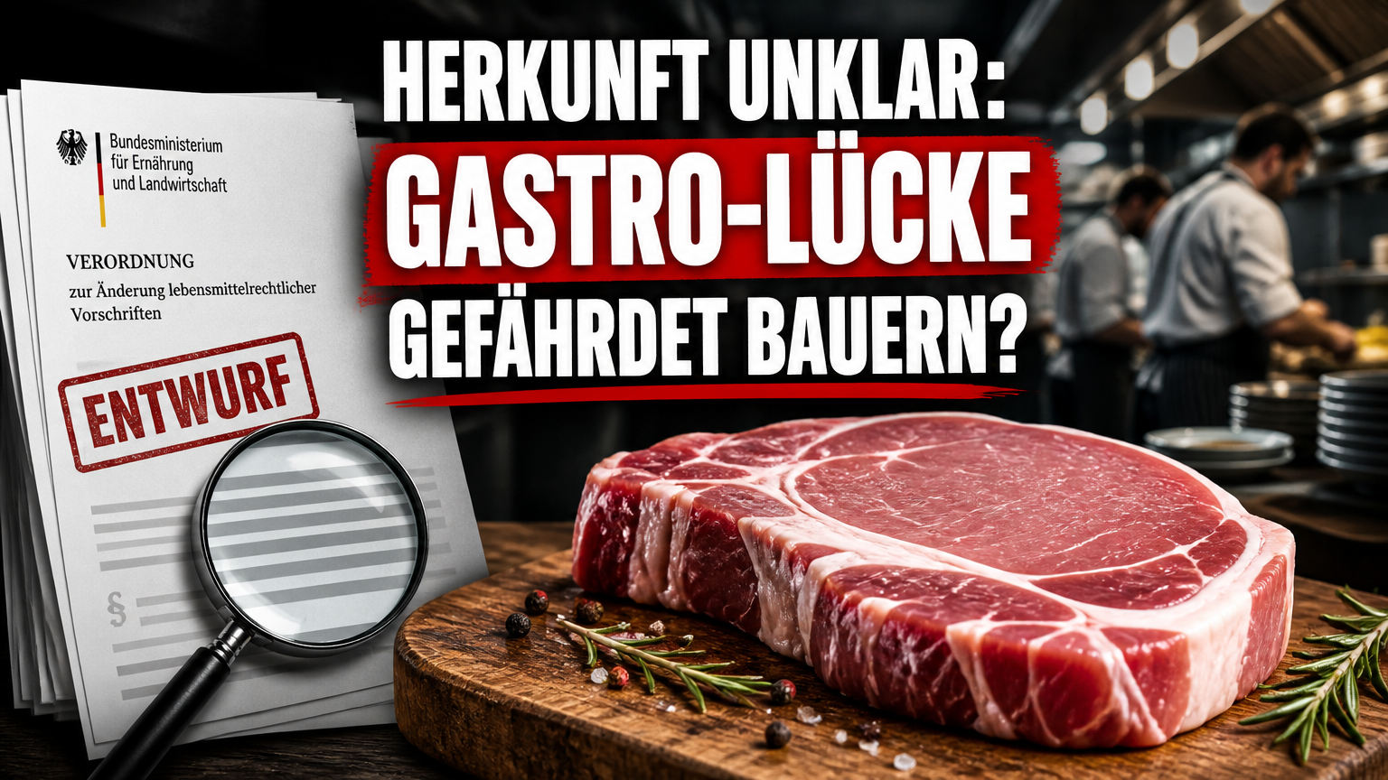 Ein rohes Schweinesteak auf einem Holzbrett neben offiziellen Dokumenten zur Herkunftskennzeichnung Gastronomie.