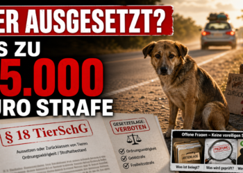 Ein einsamer Hund am Straßenrand als Symbol für das Haustier im Urlaub aussetzen und die damit verbundenen rechtlichen Konsequenzen.