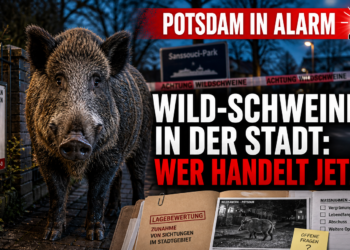 Wildschweine in Potsdam: Ein großes Wildschwein steht in einer Wohnsiedlung in Potsdam und verdeutlicht die zunehmende Präsenz von Wildschweinen in Potsdam.