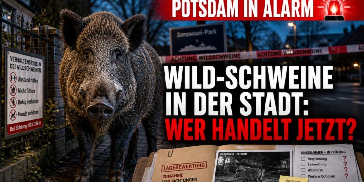 Wildschweine in Potsdam: Ein großes Wildschwein steht in einer Wohnsiedlung in Potsdam und verdeutlicht die zunehmende Präsenz von Wildschweinen in Potsdam.