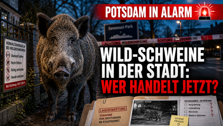 Wildschweine in Potsdam: Ein großes Wildschwein steht in einer Wohnsiedlung in Potsdam und verdeutlicht die zunehmende Präsenz von Wildschweinen in Potsdam.