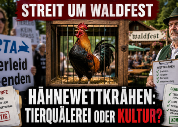 Ein stolzer Hahn im Käfig beim Hähnewettkrähen Schramberg, umgeben von der Debatte zwischen Tierschützern und dem Geflügelzuchtverein.