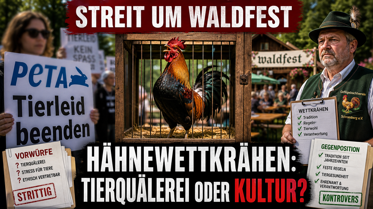 Ein stolzer Hahn im Käfig beim Hähnewettkrähen Schramberg, umgeben von der Debatte zwischen Tierschützern und dem Geflügelzuchtverein.
