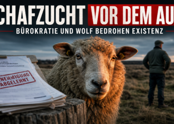 Ein Bentheimer Landschaf auf einer nebligen Heidefläche symbolisiert die Herausforderungen der Schafzucht in Niedersachsen.