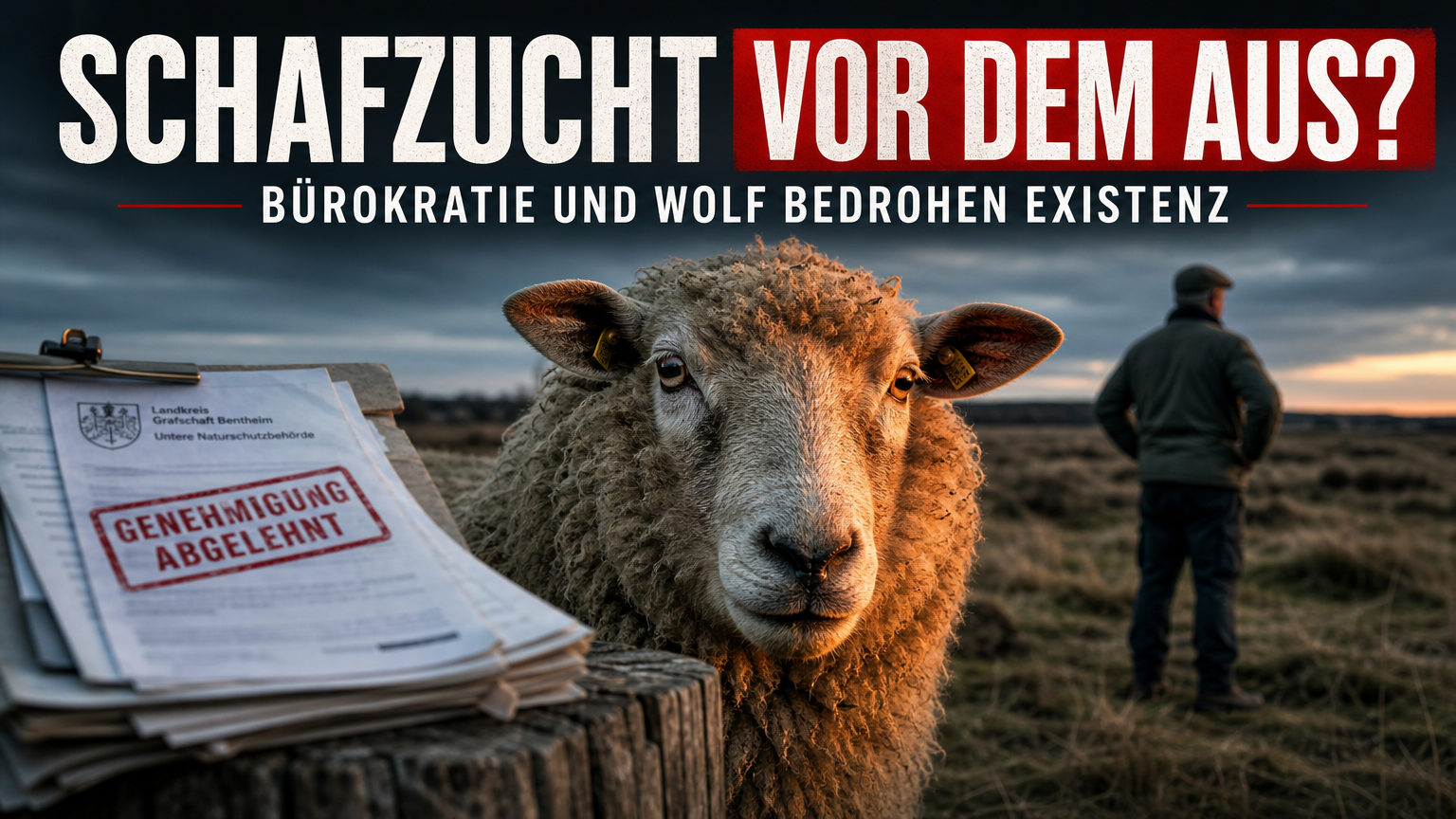 Ein Bentheimer Landschaf auf einer nebligen Heidefläche symbolisiert die Herausforderungen der Schafzucht in Niedersachsen.