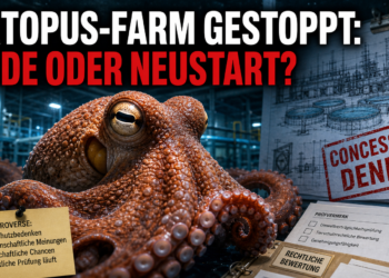 Ein Oktopus in einem industriellen Becken vor Dokumenten zur Oktopus-Farm Gran Canaria.