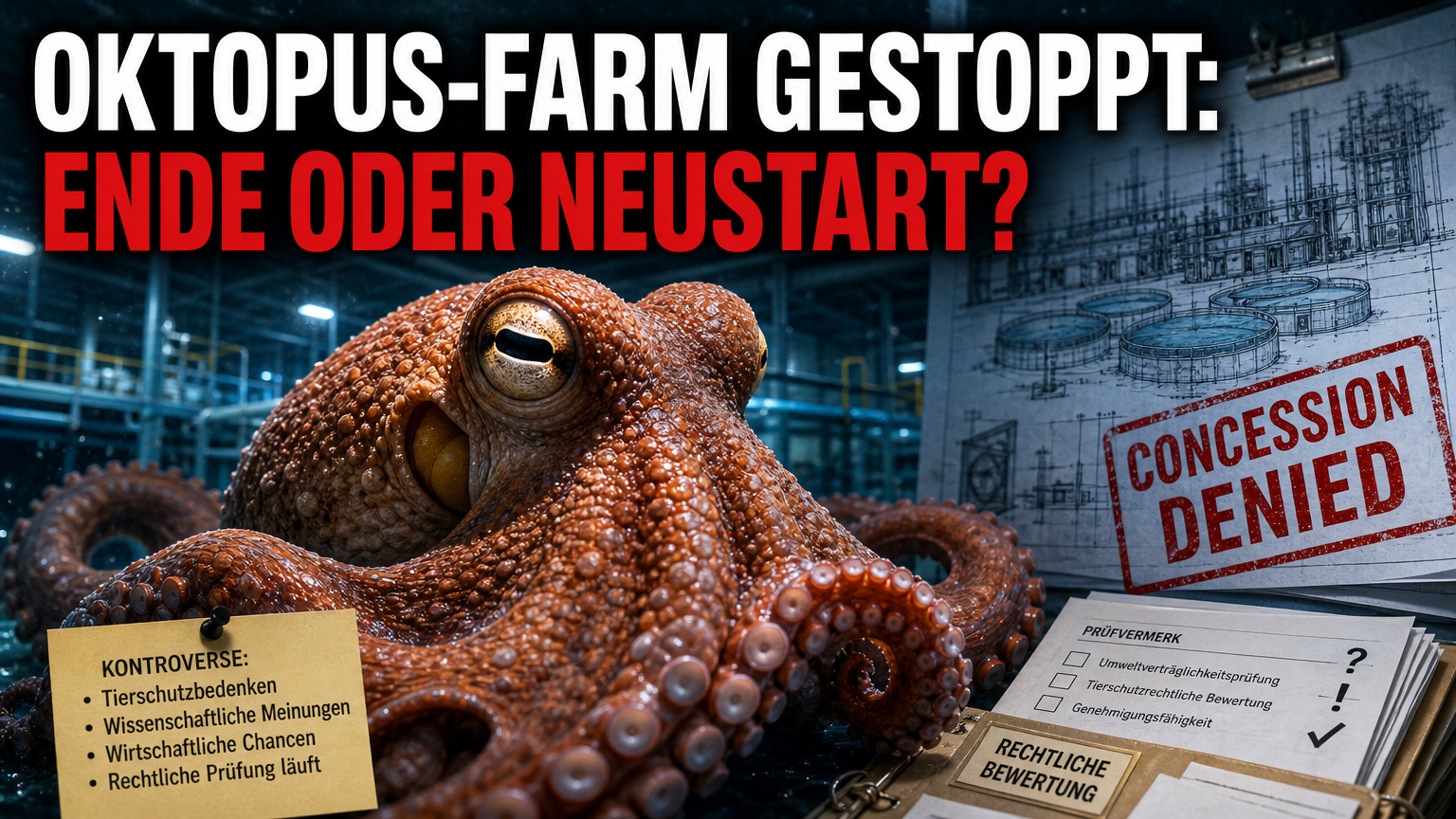 Ein Oktopus in einem industriellen Becken vor Dokumenten zur Oktopus-Farm Gran Canaria.