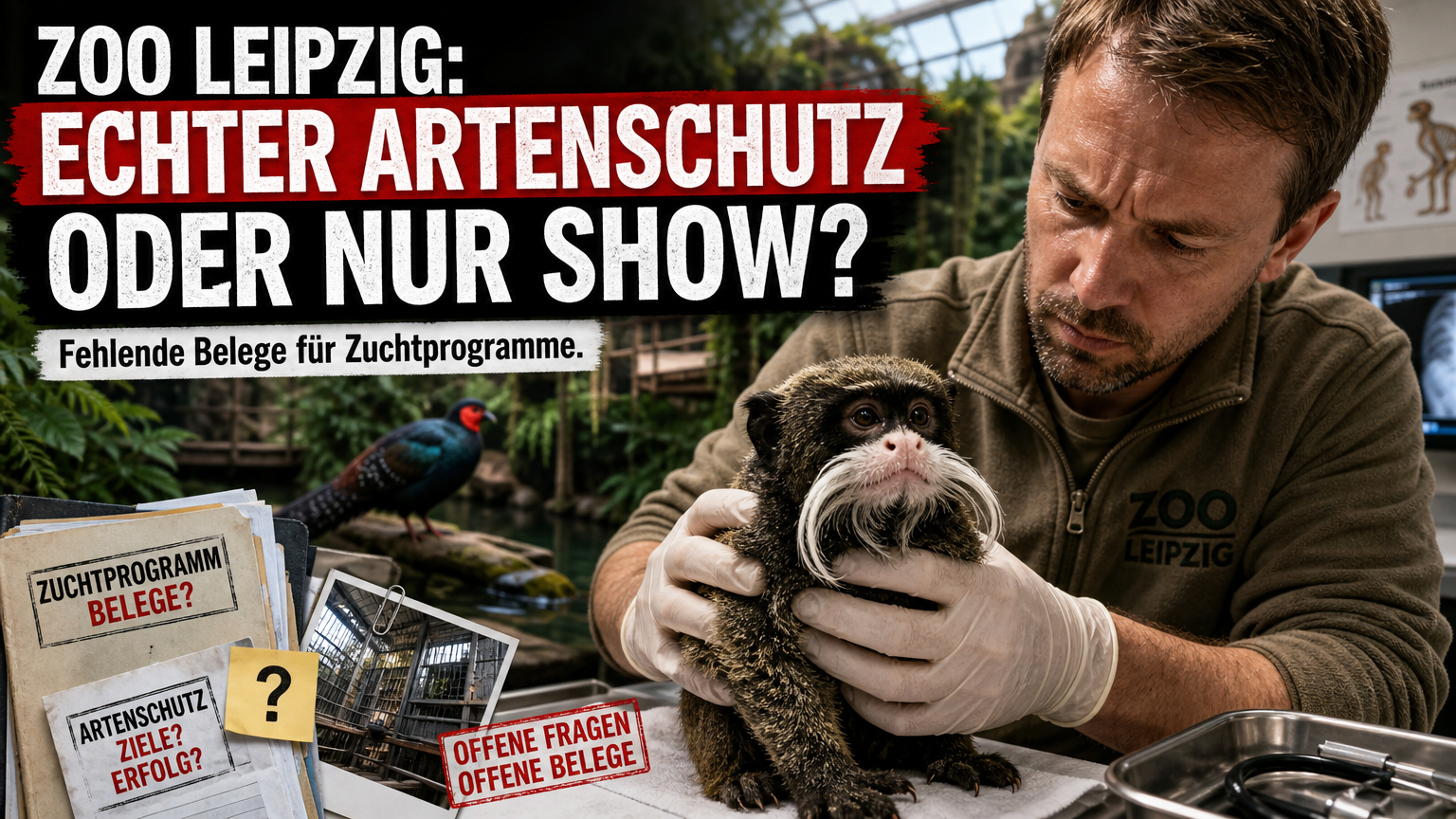 Tierpflege im Zoo Leipzig: Chip für Schnurrbarttamarin, Schnüffelteppich für Erdmännchen, Aufzucht von Vietnamfasanen 1 Ein Tierpfleger bei der medizinischen Untersuchung eines Schnurrbarttamarins im Rahmen der Zoo Leipzig Tierpflege.
