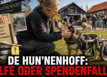 Eine Mitarbeiterin betreut liebevoll einen Hund im Rollwagen auf dem Lebenshof De Hun’nenhoff, wo Rollihunde eine spezialisierte Rehabilitation erhalten.