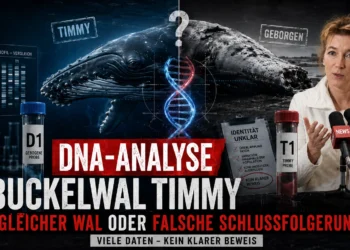 DNA-Analyse Buckelwal Timmy mit Walvergleich, DNA-Strang, Proben D1 und T1 sowie Dr. Tönnies bei einer Pressekonferenz.