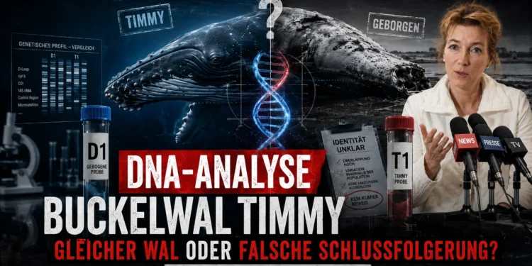 DNA-Analyse Buckelwal Timmy mit Walvergleich, DNA-Strang, Proben D1 und T1 sowie Dr. Tönnies bei einer Pressekonferenz.
