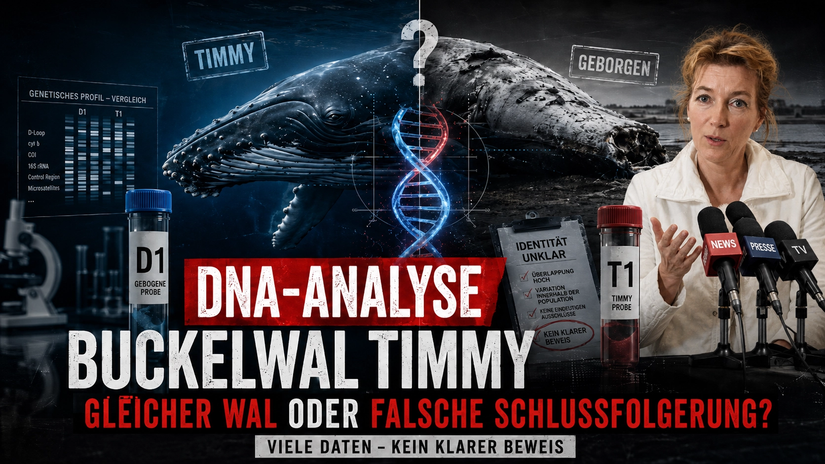 DNA-Analyse Buckelwal Timmy: Beweisen die beiden Proben wirklich einen anderen Wal? 1 DNA-Analyse Buckelwal Timmy mit Walvergleich, DNA-Strang, Proben D1 und T1 sowie Dr. Tönnies bei einer Pressekonferenz.