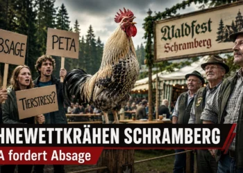 Hähnewettkrähen Schramberg: PETA fordert Absage – Verein hält am Waldfest fest 30 Hähnewettkrähen Schramberg mit einem krähenden Hahn zwischen PETA-Protestierenden und Vertretern des Geflügelzuchtvereins beim Waldfest.