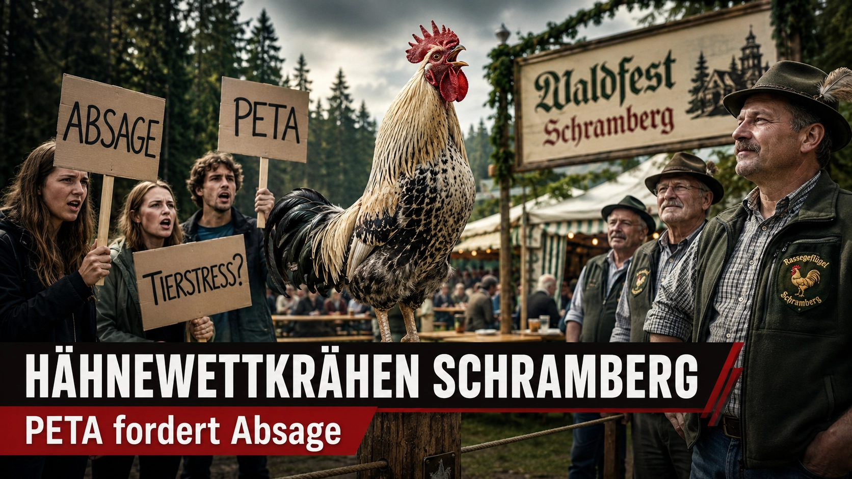 Hähnewettkrähen Schramberg mit einem krähenden Hahn zwischen PETA-Protestierenden und Vertretern des Geflügelzuchtvereins beim Waldfest.