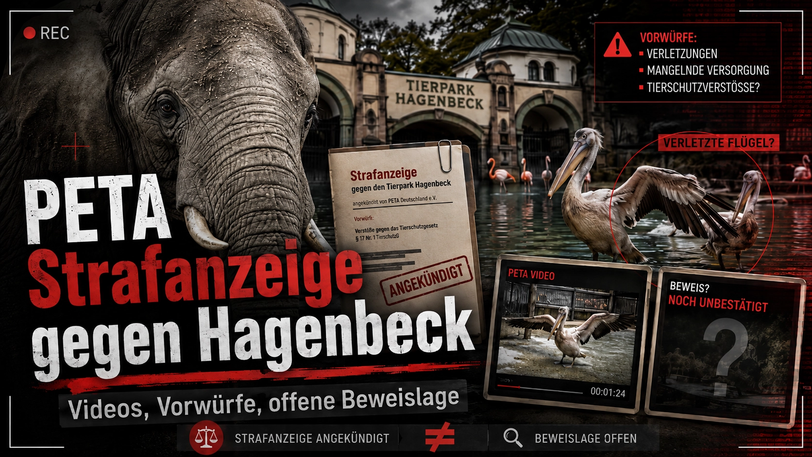 PETA Strafanzeige gegen Hagenbeck: Videos liefern bislang keine belastbaren Beweise 1 Titelbild zur PETA Strafanzeige gegen Hagenbeck mit Elefant, Pelikanen, Zooeingang und Hinweisen auf offene Beweislage und Vorwürfe.