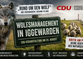 Wolfsmanagement in Iggewarden mit Wolf, Schafherde, Deichlandschaft und Hinweis auf die CDU-Veranstaltung „Rund um den Wolf“.