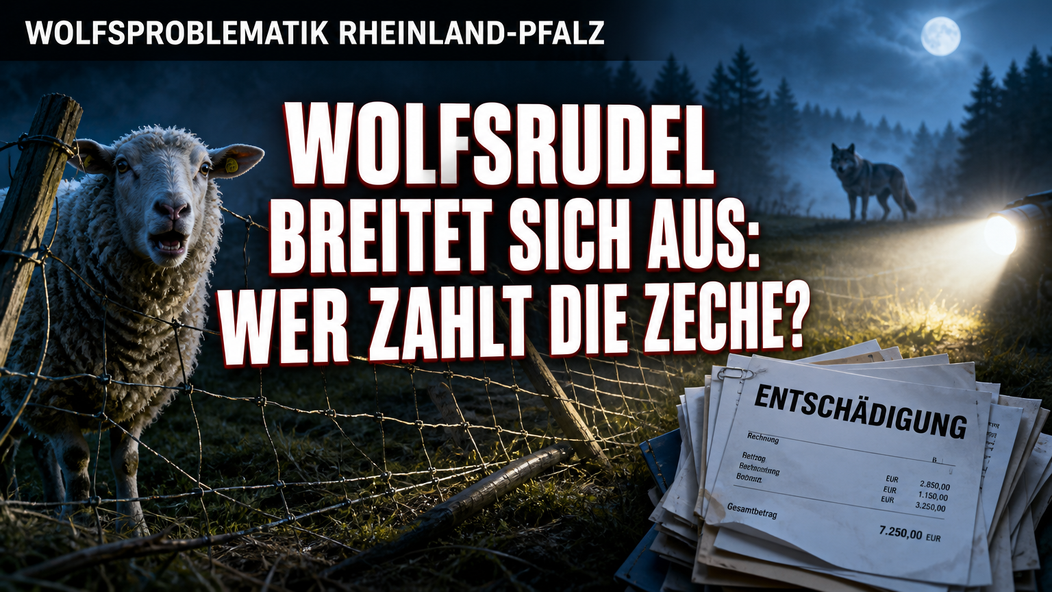 Ein verängstigtes Schaf an einem unzureichenden Weidezaun bei Nacht, während im Hintergrund ein Wolfsrudel Rheinland-Pfalz symbolisiert wird.