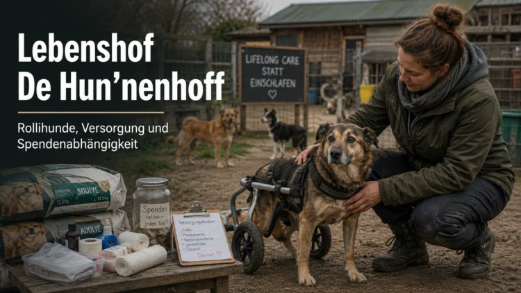 Lebenshof De Hun’nenhoff: Rollihunde, aufwendige Versorgung und die dauerhafte Abhängigkeit von Spenden 33 Lebenshof De Hun’nenhoff mit Rollihund im Rollwagen, Tierpflegerin sowie Futter- und Pflegematerial als Symbol für Versorgung und Spendenabhängigkeit.