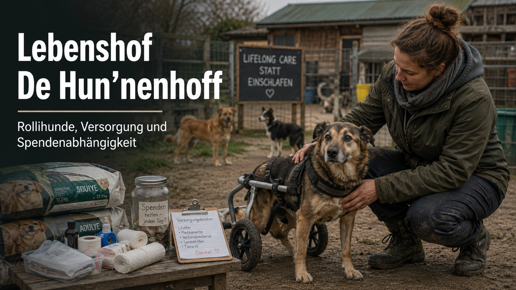 Lebenshof De Hun’nenhoff mit Rollihund im Rollwagen, Tierpflegerin sowie Futter- und Pflegematerial als Symbol für Versorgung und Spendenabhängigkeit.