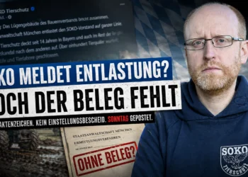 Titelbild zum Artikel „SOKO Tierschutz Verfahren eingestellt“ mit Friedrich Mülln, kritischer Schlagzeile und Hinweis auf fehlende Belege.