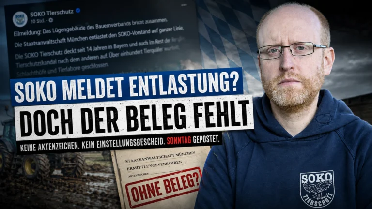 Titelbild zum Artikel „SOKO Tierschutz Verfahren eingestellt“ mit Friedrich Mülln, kritischer Schlagzeile und Hinweis auf fehlende Belege.