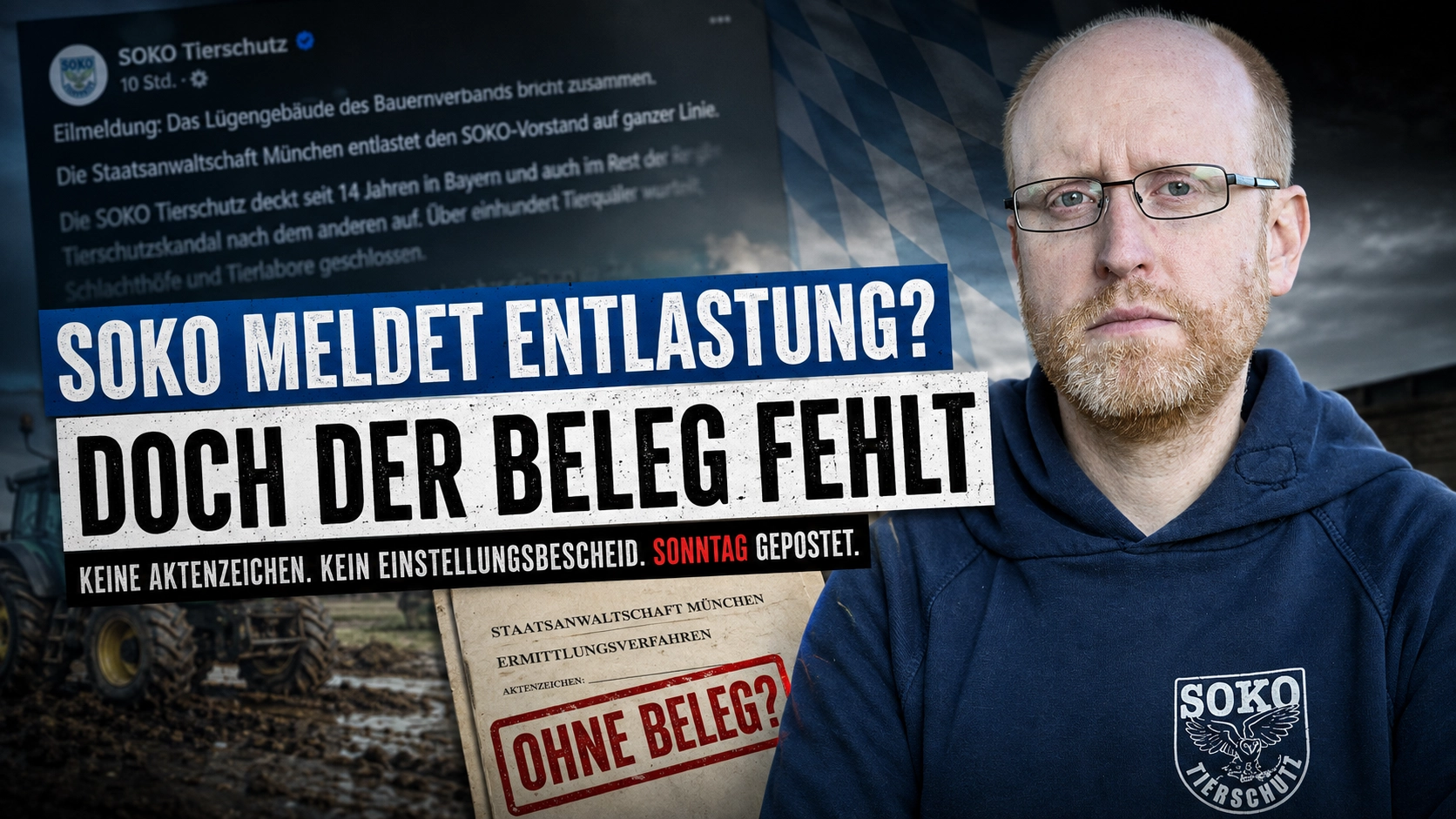 Titelbild zum Artikel „SOKO Tierschutz Verfahren eingestellt“ mit Friedrich Mülln, kritischer Schlagzeile und Hinweis auf fehlende Belege.