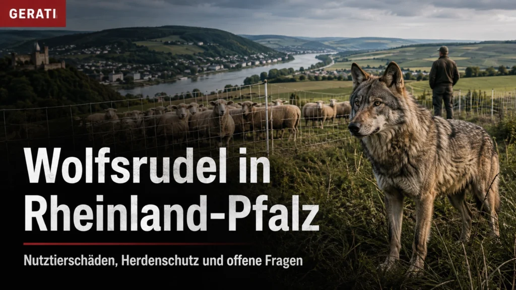 Wolfsrudel in Rheinland-Pfalz vor einer eingezäunten Schafweide mit Tierhalter im Rhein-Lahn-Gebiet.