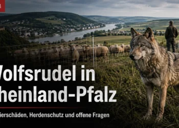 Wolfsrudel in Rheinland-Pfalz vor einer eingezäunten Schafweide mit Tierhalter im Rhein-Lahn-Gebiet.