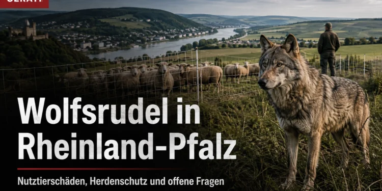 Wolfsrudel in Rheinland-Pfalz vor einer eingezäunten Schafweide mit Tierhalter im Rhein-Lahn-Gebiet.